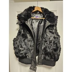 KNOLES & CARTER Genuine Leather Faux Fur Vest Sz 5XL Black Full Zip Pockets